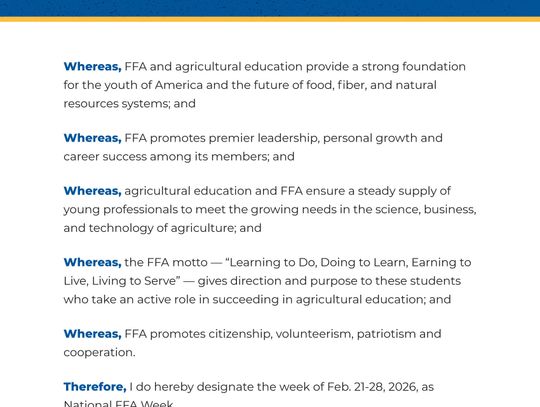 Mayor proclaims National FFA Week for Feb. 21-28, 2026