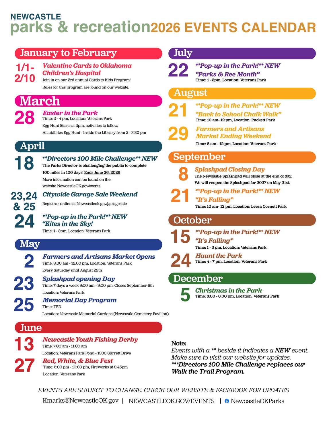 Newcastle Parks & Recreation releases 2026 Calendar