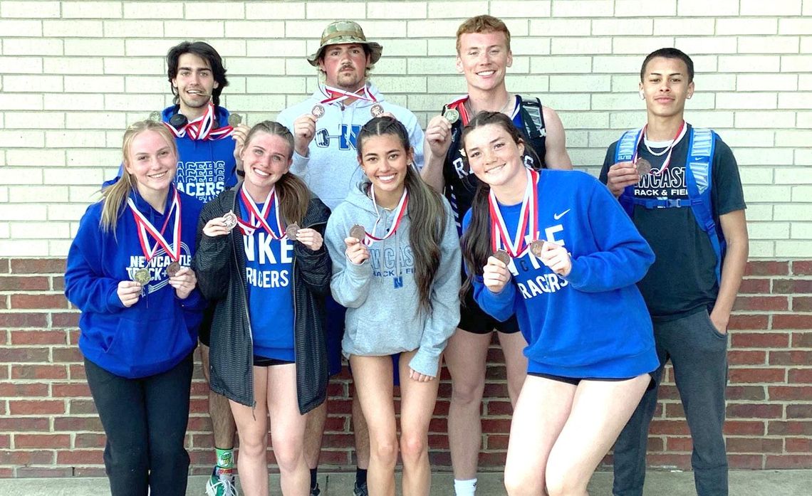 Several Newcastle High School athletes sport their track medals won at the Purcell Track and Field meet