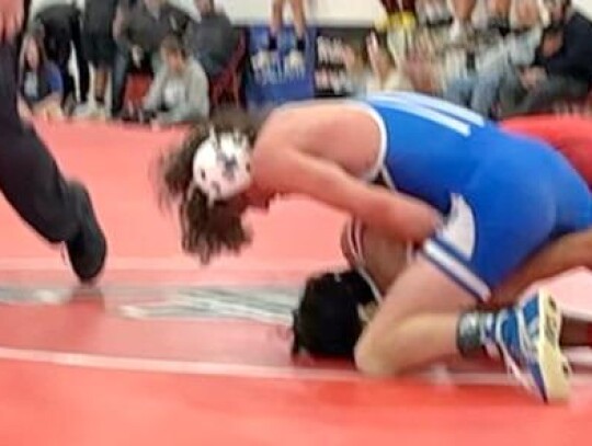 Pryce Jeffries takes his opponent to the mat at the Pauls Valley Tournament. • photo provided