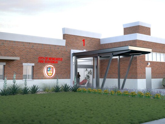 The entrance of Fire Station #1 in Newcastle is pictured. The new facility will bring the presence and a new identity of City government onto Main Street. • architectural rendering | Guernsey