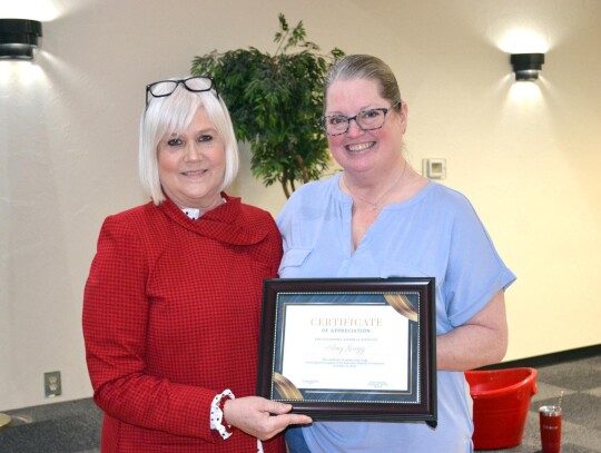 Chamber volunteer Amy Gregg, of Omi’s Kitchen, was presented a certificate of appreciation for her support to the Chamber. Riddle said Gregg “is always ready to step up and help with anything needed,” and she “is one of Newcastle’s biggest cheer