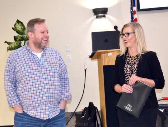 Newcastle Chamber of Commerce marketing committee members Scott Hannan and Abigail Cabello announced a new Chamber website with new branding and capabilities creating added value for the membership. • photo by Mark Codner