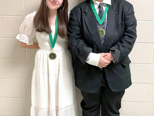 The Newcastle High School acting duo of Aubrey Cain and Finn Bates took home 1st place for Acting Scenes in their division on April 6 at the USAO Scholastic Meet. • photo provided