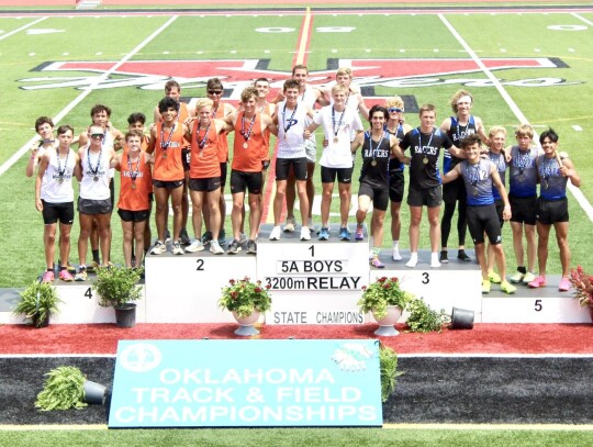 The Newcastle Racers took the third place spot for their effort in the 3200m relay at the Oklahoma State Track and Field Championships. Inigo Burguete was a member of the team along with Rex Heskew, Collin Seely, and Rhett Carter. • photo provided