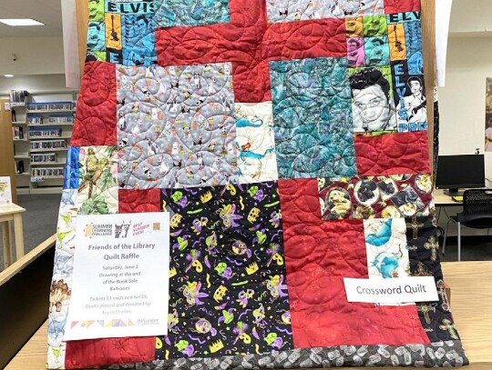 Quilts created by Joyce Stotler will be given away in a drawing at the conclusion of the Book Sale and Craft Show. Tickets are available at the library for Pals (left) and Crossword (right) for $1 each or six for $5. • photo provided