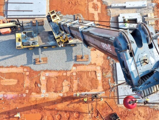 A drone was used by the City of Newcastle to take this photo looking down at the top of the crane on site at 555 S. Main Street where the new Newcastle Fire Station 1 is being constructed. • photo courtesy City of Newcastle