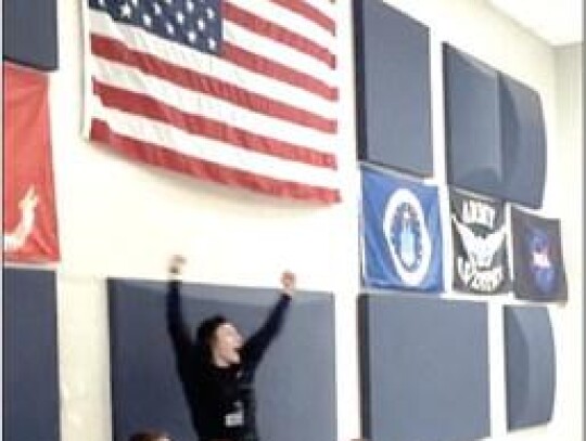 Austin Collins, Connor Leader, Nick Miller, Dax Logan, and Cash Miller celebrate the success of their rocket balloon getting their payload to the ceiling during an Aviation 1 class at Newcastle. • photo provided