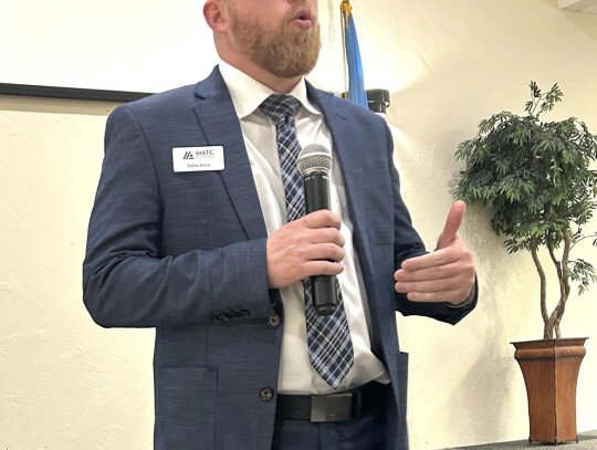 Dallas Krout was at the Newcastle Chamber of Commerce State of the Schools luncheon last week to provide an update on new offerings and new facilities being constructed at Mid-America Technology Center. • photo by Mark Codner