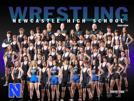 • photo courtesy of Center Stage Photos 2023-24 Racer Wrestlers — Members of this year’s Newcastle High School Racer wrestling squads are pictured along with their coaches as they undertake a new season.