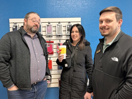 Joshua Hinkle, Jennifer Friedman, and Eric Engstrom, all of First United Bank, were at last week’s Newcastle Chamber of Commerce Morning Mingle at Electrode Repairs. • photo by Mark Codner