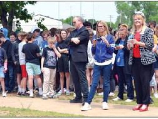 A Topping Out Ceremony was held for the bond issue project underway at Newcastle Middle School. A beam signed by students, staff and administrators was placed (photo above) on Thursday afternoon. NMS Principal Wade Hampton, Assistant Superintendent of Sch