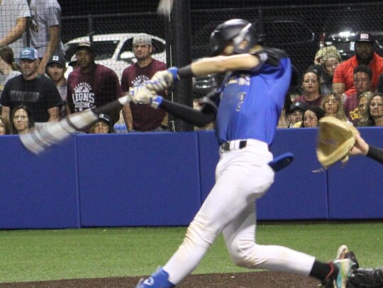 Kaden Longman takes a swing at a pitch during the Baseball State Tournament. Newcastle lost to Blanchard. • photo by Lisa Smith-Longman