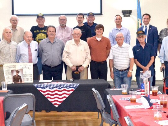 • photo by Mark Codner Area military veterans were recognized during the annual Newcastle Chamber of Commerce Veterans Recognition Lunch on Tuesday, May 28 at the Community Center inside Newcastle Library. They are pictured with presenting sponsors from