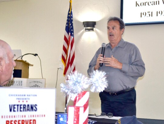 • photo by Mark Codner Veteran and area resident Alan Davenport provided an introduction of the veterans attending last week’s Veterans Recognition Luncheon. He also introduced Aden Shumard and Troy Hale.