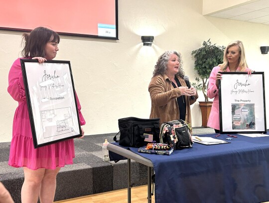 Jayna Kinnamon (center) talks about Jericho Young Mothers Home at this year’s Newcastle Chamber of Commerce Impact Luncheon. Helping her with the presentation are Chamber Executive Assistant Madalyn Heathco and event moderator Abby Cabello, of Focus Fed